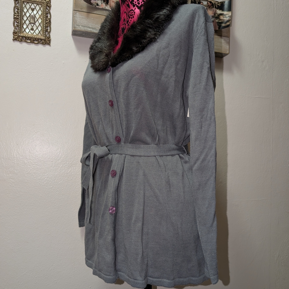Gray Faux Fur Collar Cardigan
